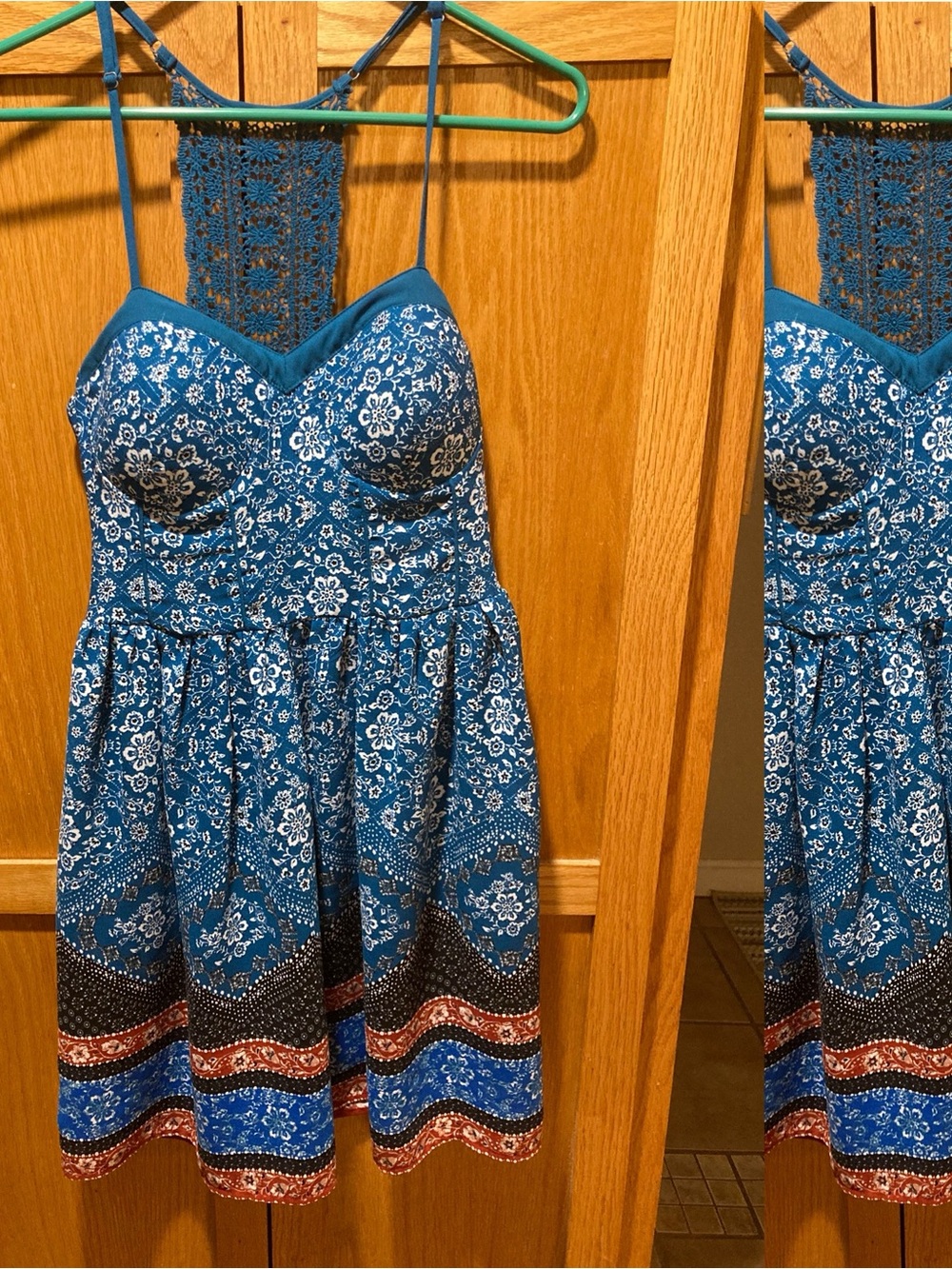 Xhilaration Blue Floral Mini Dress with Crochet Back, built in bra, and pockets